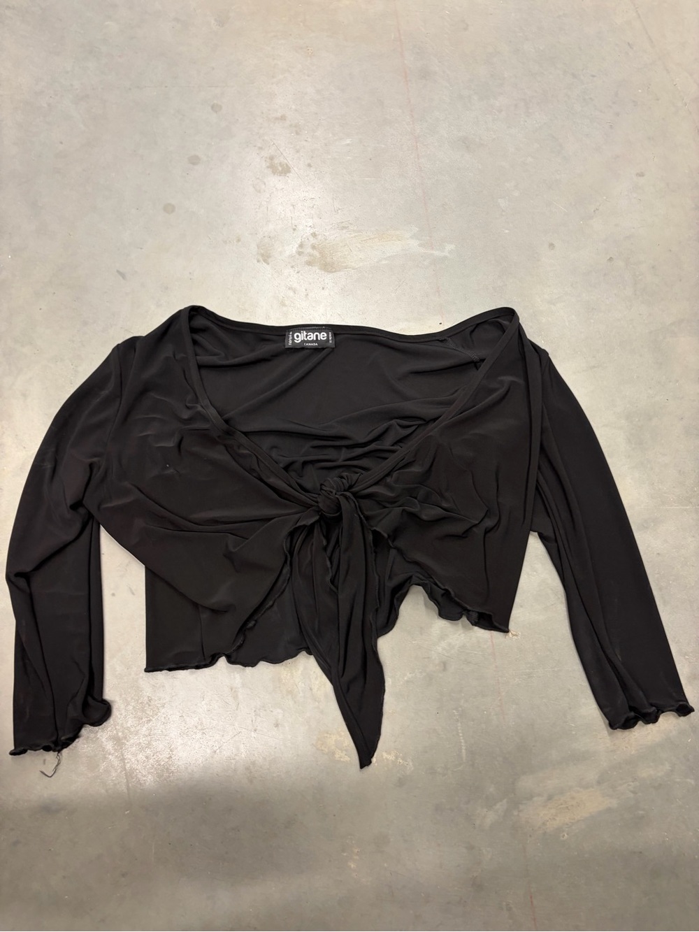 Vintage Y2K lettuce hem Black Tie-Front Long Sleeve Crop‎ Top